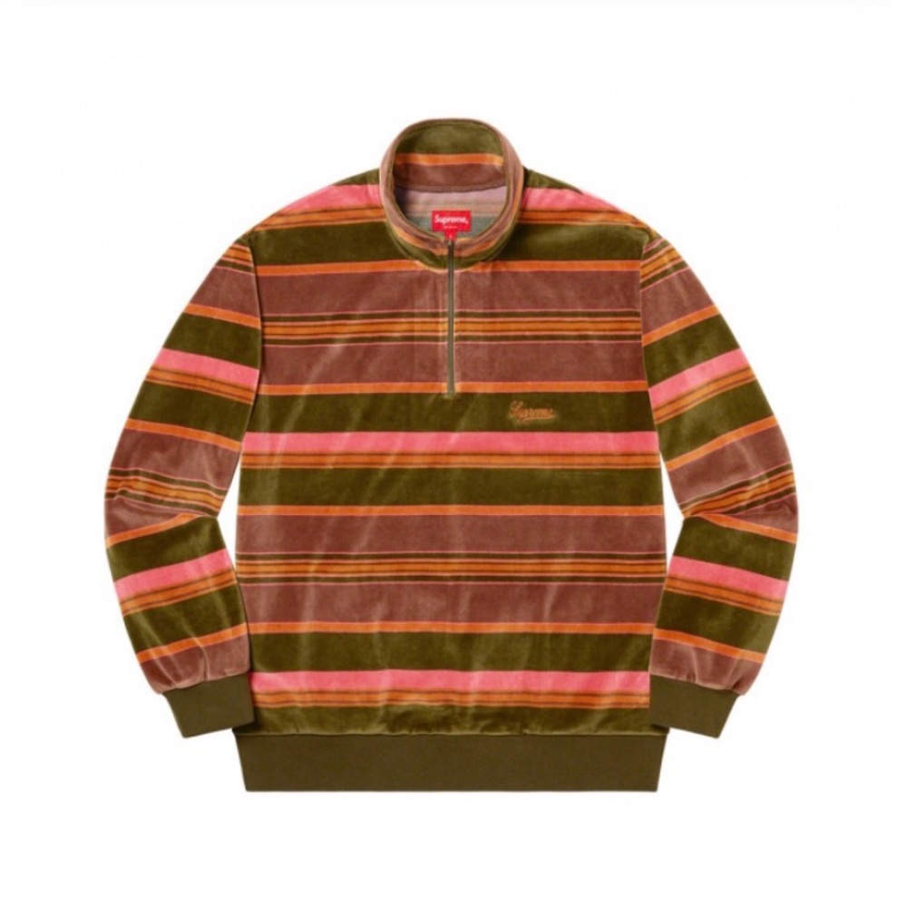 Supreme Stripe Velour Half Zip Pullover in Peach